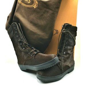 TOD'S Women's Lace Up Mid-Calf Boots in Brown Fur